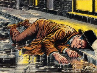 Sketch of Albert McGuiness lying in a gutter in the rain