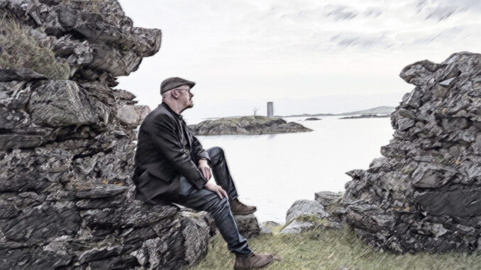 Sketch of David Mackin looking thoughtful at Cromwell's Barracks on Inishbofin