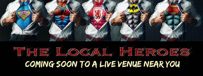 picture of The LLocal Heroes Band opening shirts to reveal costumes