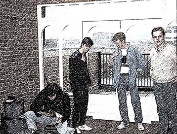 Picture of my
              band from 1988 awaiting to enter The Mill Studio in
              Stockton to record Broken Musicians. Like all art on my
              site, it is presented as a pencil drawing.