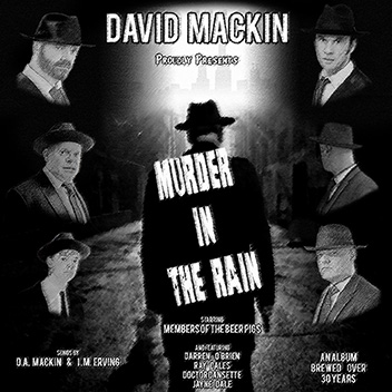 Pencil
              sketch of Murder In The Rain Cover in the style of an old
              Film Noir Movie Poster.