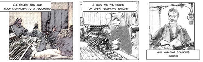 Pencil sketches of Pink Floyd in Studio 3 of Abbey Road and Kate Bush in the studio. Eddie Cochran at Goldstar